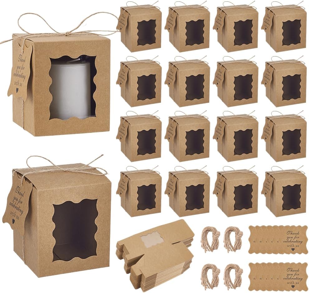 100 Set Brown Candle Gift Boxes 3.35x3.35x3.94inch Kraft Paper Gift Boxes Rectangle Packaging Box with Visible Window