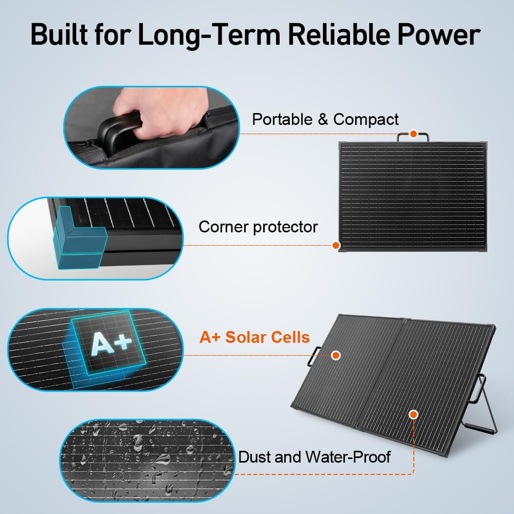 100W Portable Solar Panel Suitcase with Charge Controller, Gray | Suitcase folds to 24 x 20 in and weighs 10.1 lb;