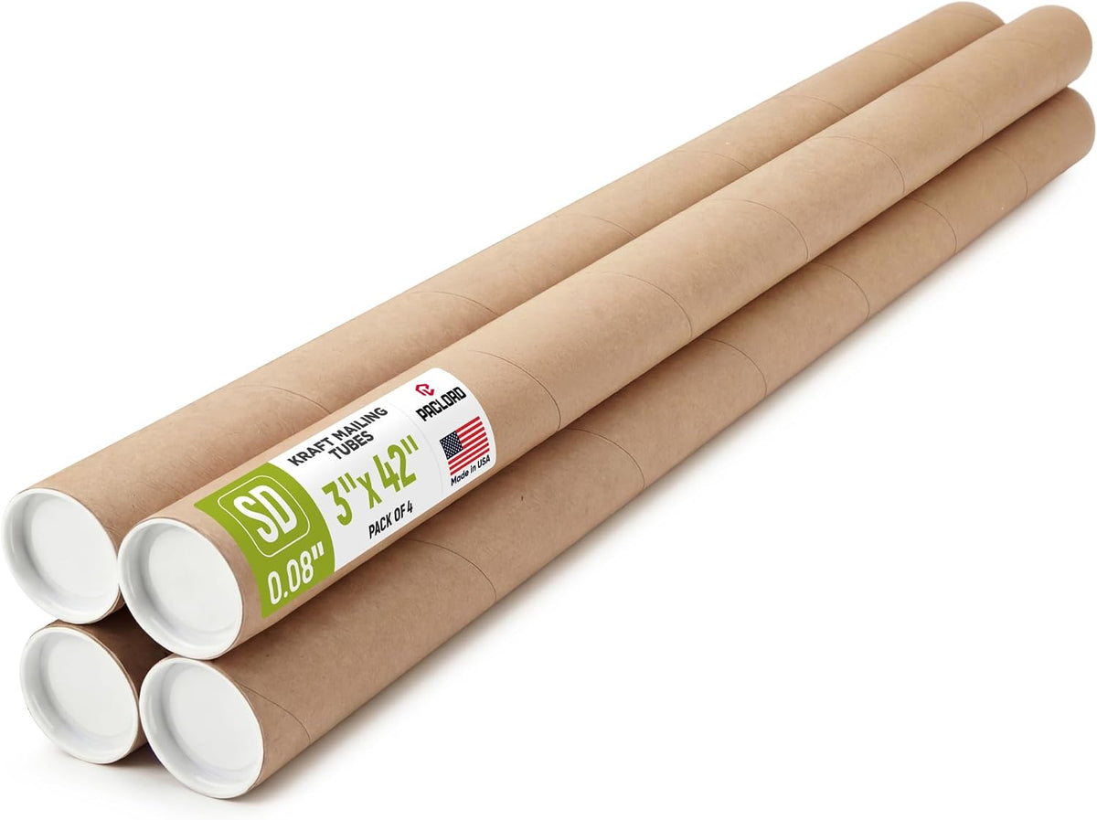 3" x 42" Made in USA Kraft Paper Mailing Tube, 4 Tubes, 8 Caps