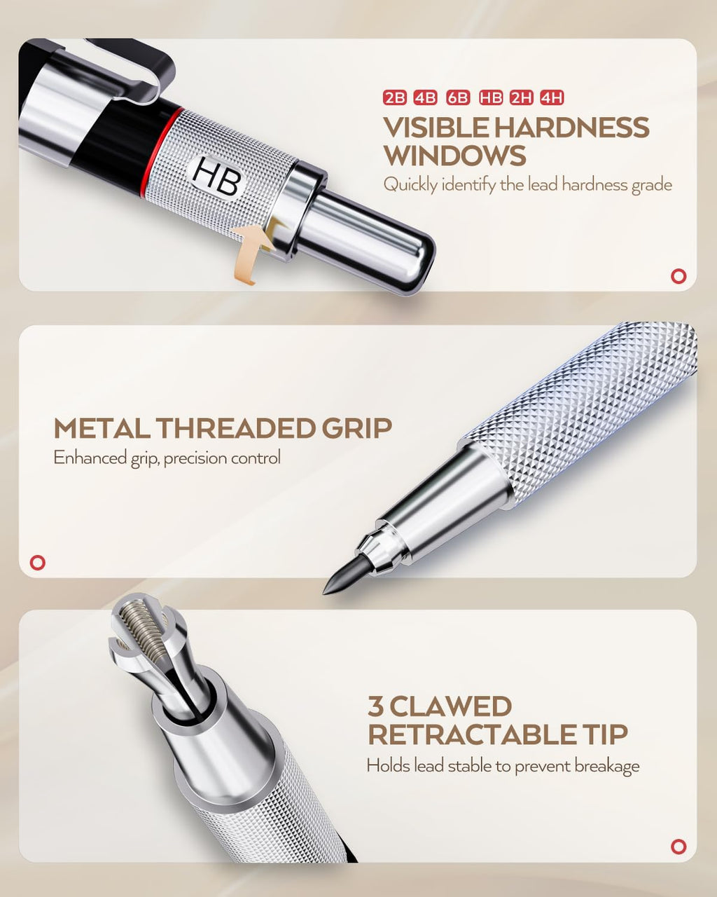 35PCS Art Mechanical Pencil Set, 3 PCS Metal Drafting Pencil 0.5 mm & 0.7 mm & 0.9 mm & 3 PCS 2mm Lead Holder (6B 4B