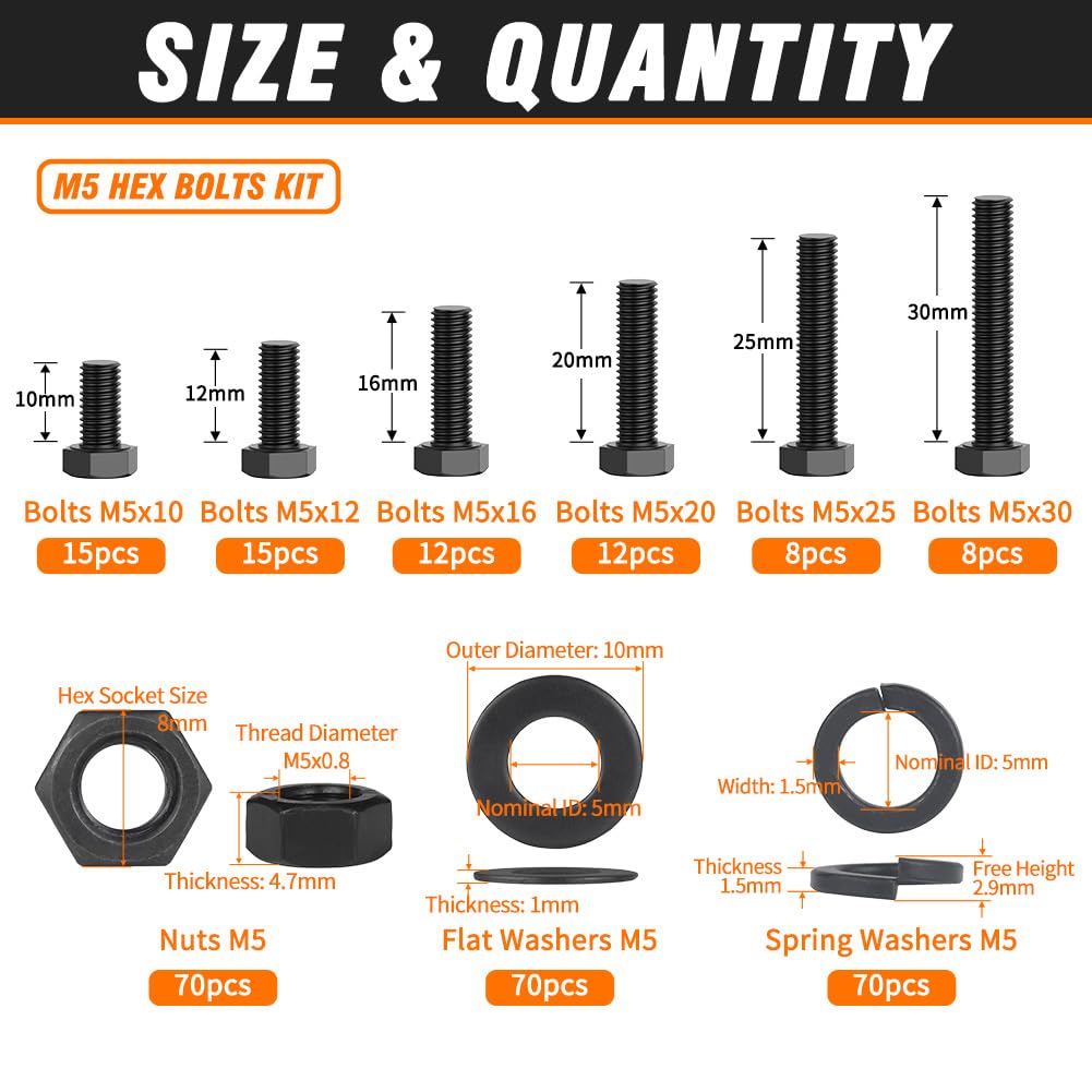 12.9 Grade Bolts and Nuts Assortment, 280pcs M5 Hex Bolt Nut Washers Kit