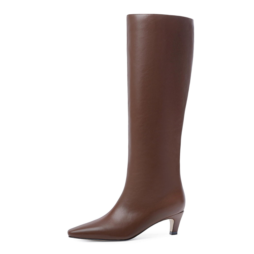 Knee High Boots Women Square Toe Kitten Heel Fall Boots, Brown, 9