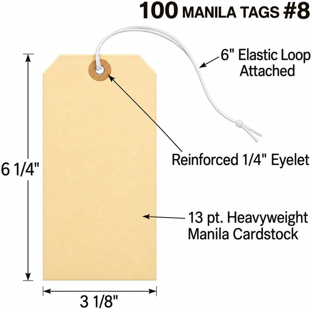 100 Large Manila Tags #8 with Elastic String Attached, 6 1/4" x 3 1/8"