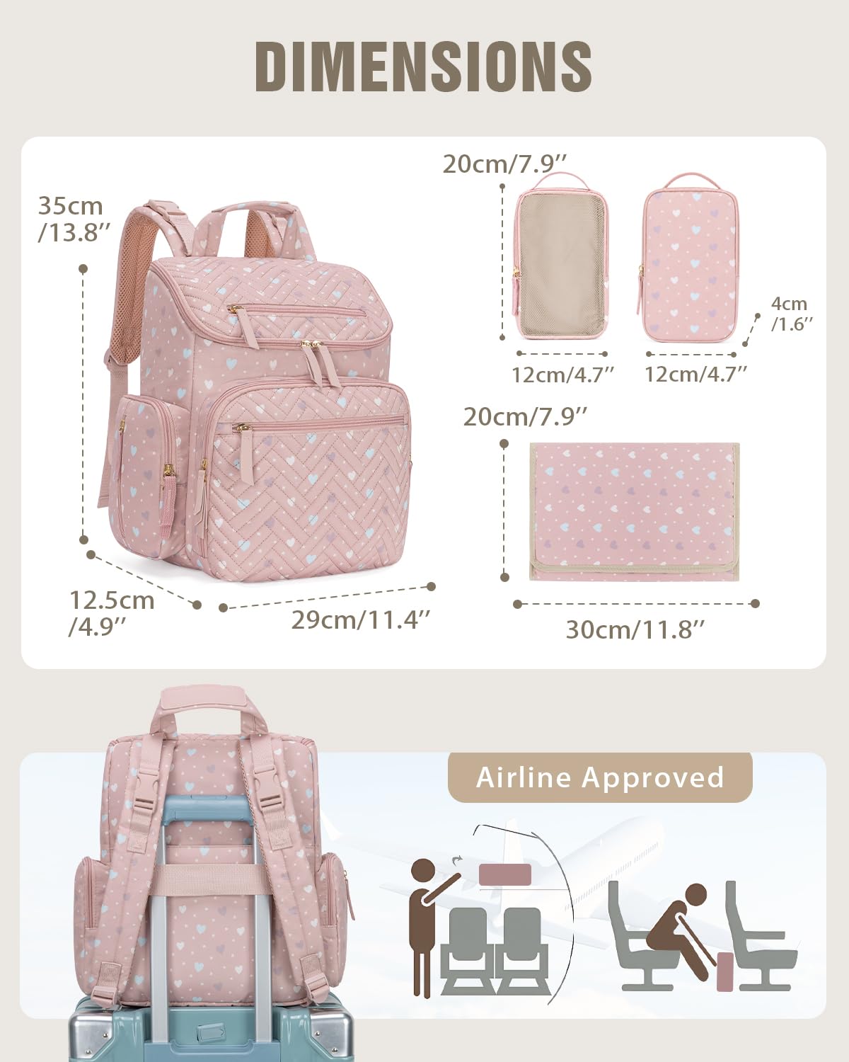 Diaper Bag Backpack with Changing Pad and Insulated Pockets, Heart