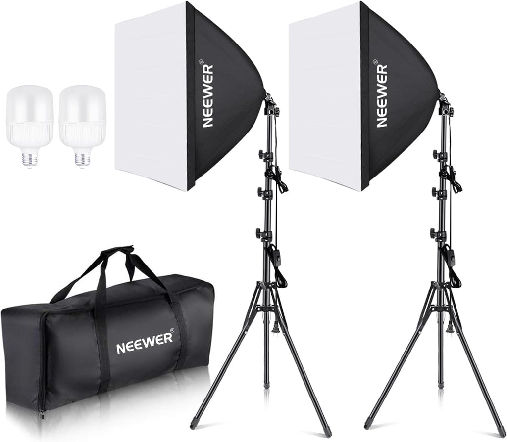 700W Equivalent Softbox Lighting Kit, 2Pack UL Certified 5700K LED Lighting Bulbs, 24x24 inches Softboxes with E26