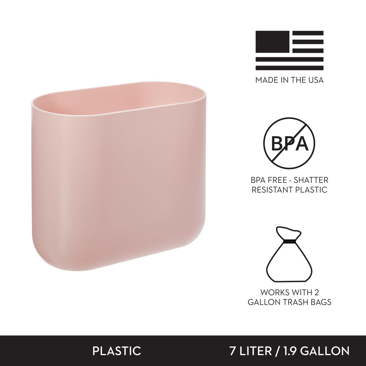 Small Slim Plastic Bathroom Trash Can, 2-Pack, Pink