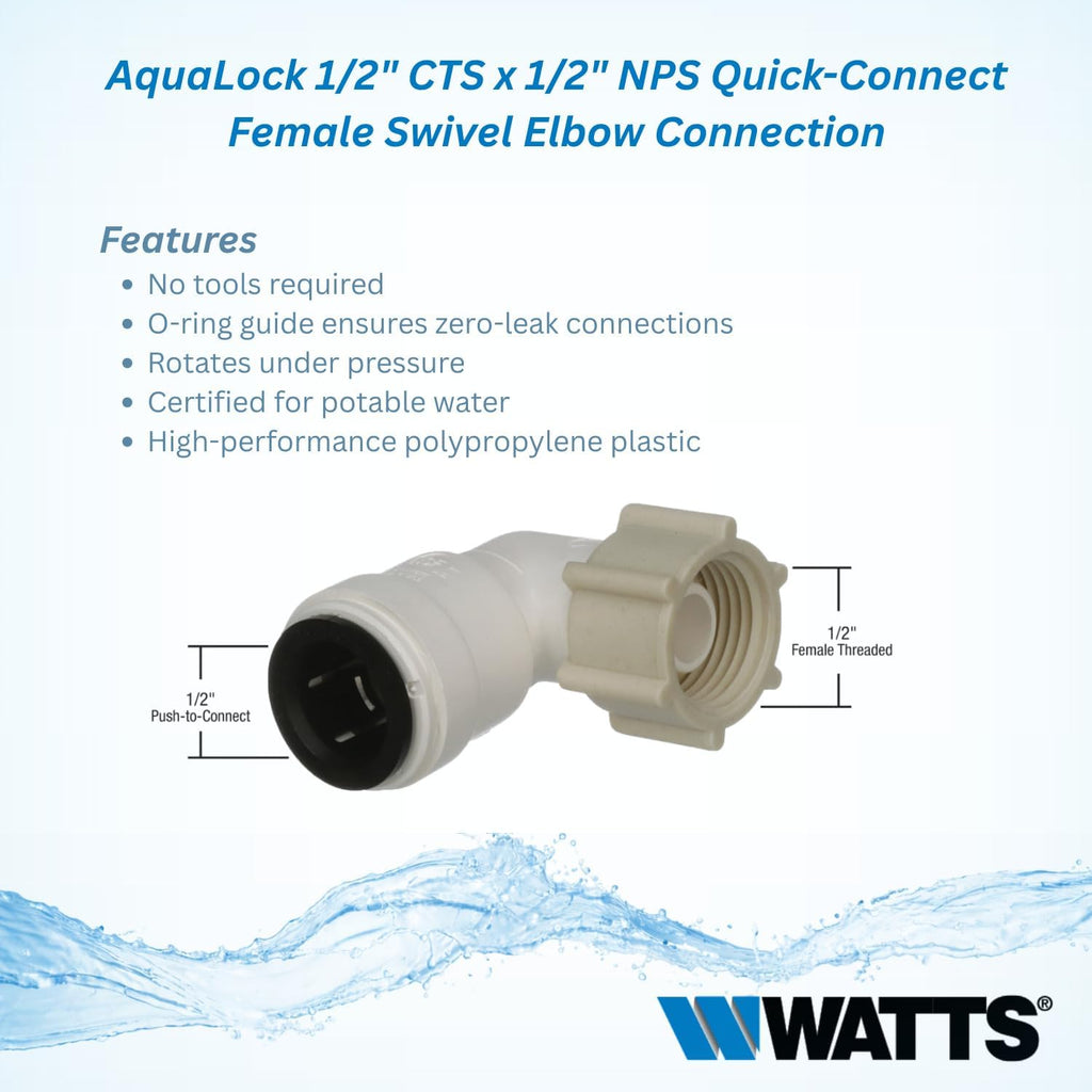 Watts AquaLock Push-to-Connect Female Swivel Elbow 1/2" CTS x 1/2" NPS