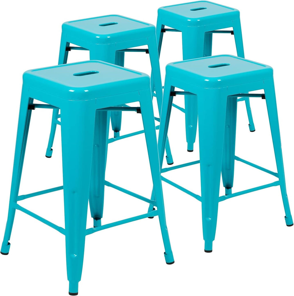24 in Metal Stackable Counter Stool, Teal, 4-Pack