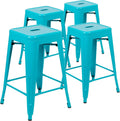 24 in Metal Stackable Counter Stool, Teal, 4-Pack
