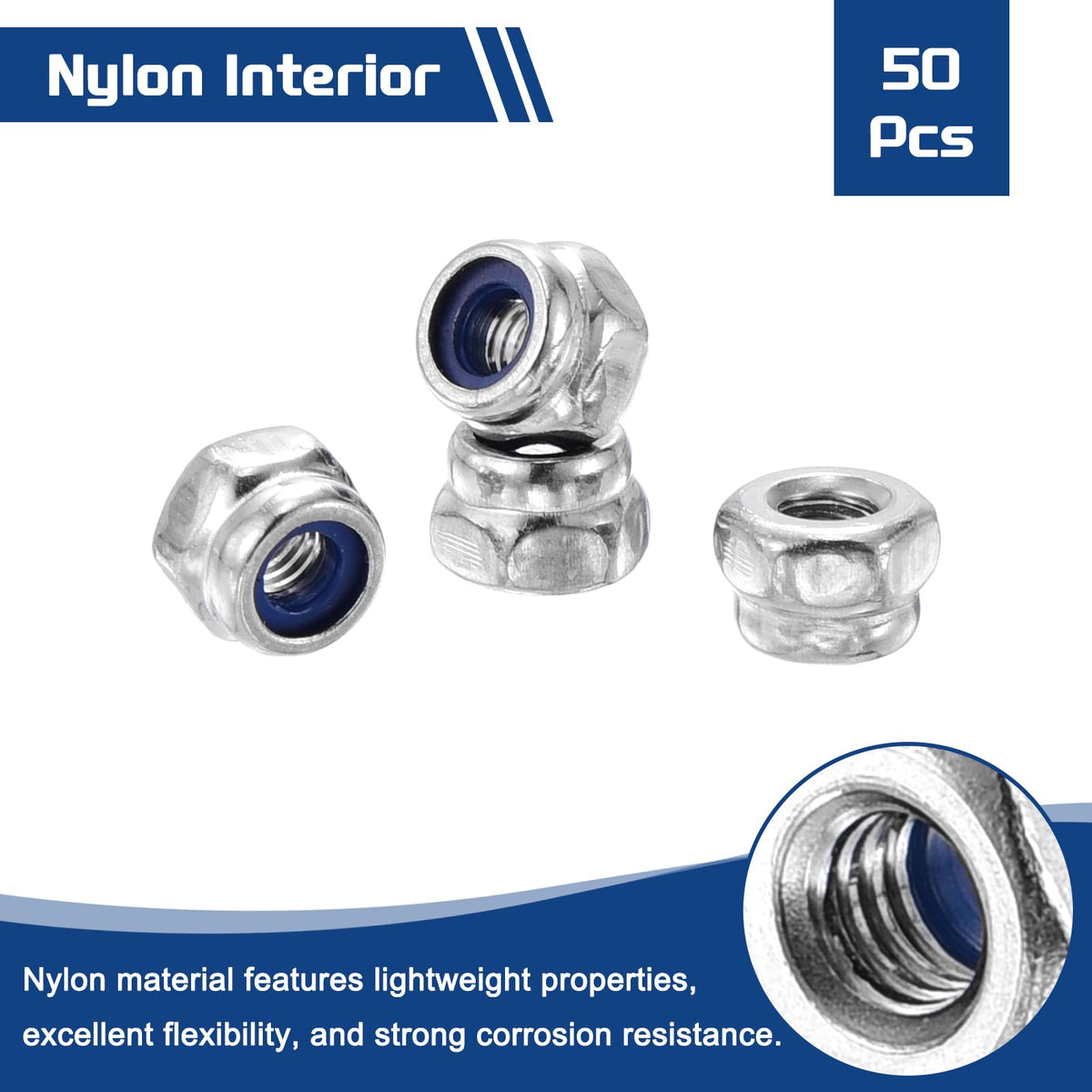 Kozelo 50Pcs M2.5-0.45 Nylon Locking Hex Nuts 304 StainlessSteel Silver