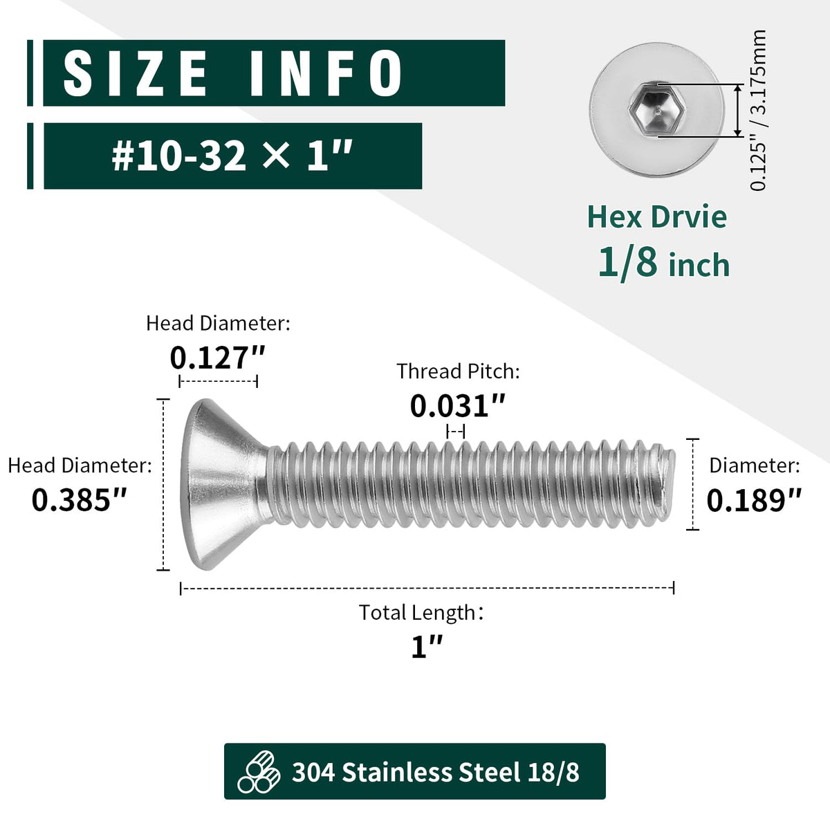 #10-32 x 1 Flat Countersunk Head Socket Cap Screws, 304 Stainless Steel 18-8 SS, Full Machine Thread Coverage, Allen Hex Drive, 50 PCS