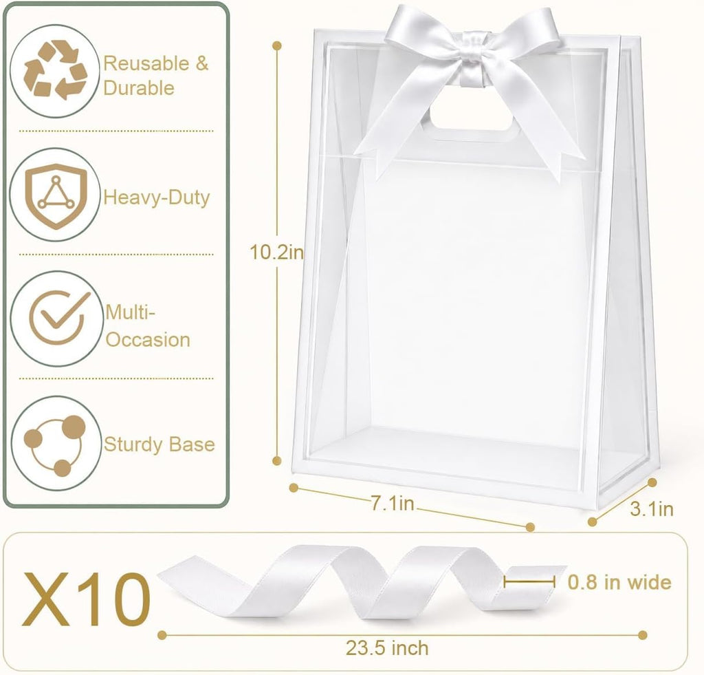 Small Clear Plastic Gift Bags with Handles, 7x10x3.15 in, 10 Pack, White