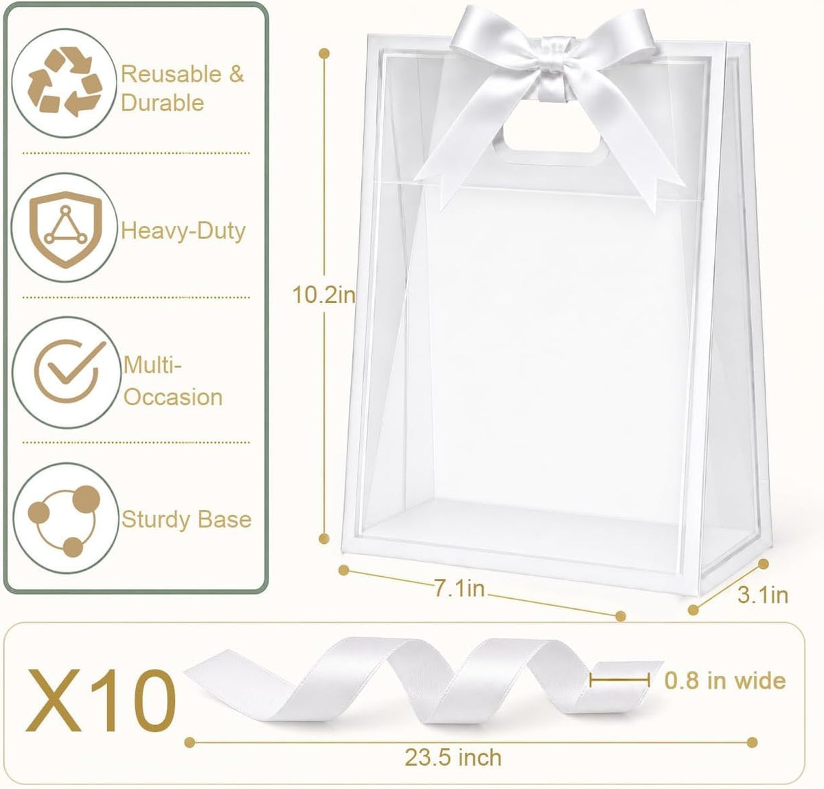 Small Clear Plastic Gift Bags with Handles, 7x10x3.15 in, 10 Pack, White