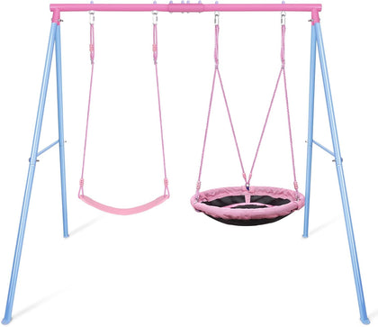 Swing Set, 440lbs, Heavy-Duty A-Frame Metal Outdoor SwingStand, 1 Saucer & 1 Belt Swing seat for Playground, Backyard