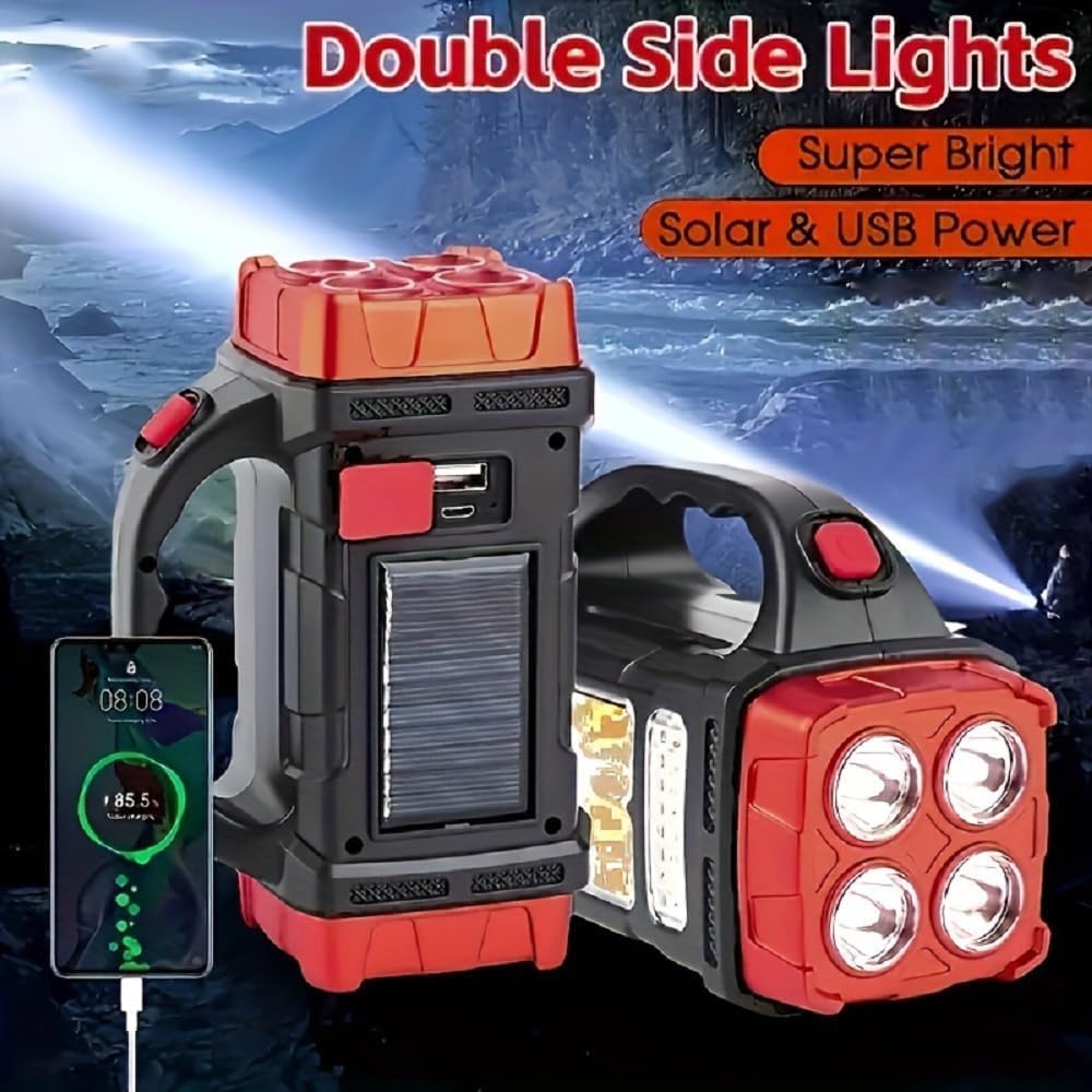 High Lumens Solar Flashlight - LED Work Light with USB-C Rechargeable, Waterproof, Multi-Function Flashlight &