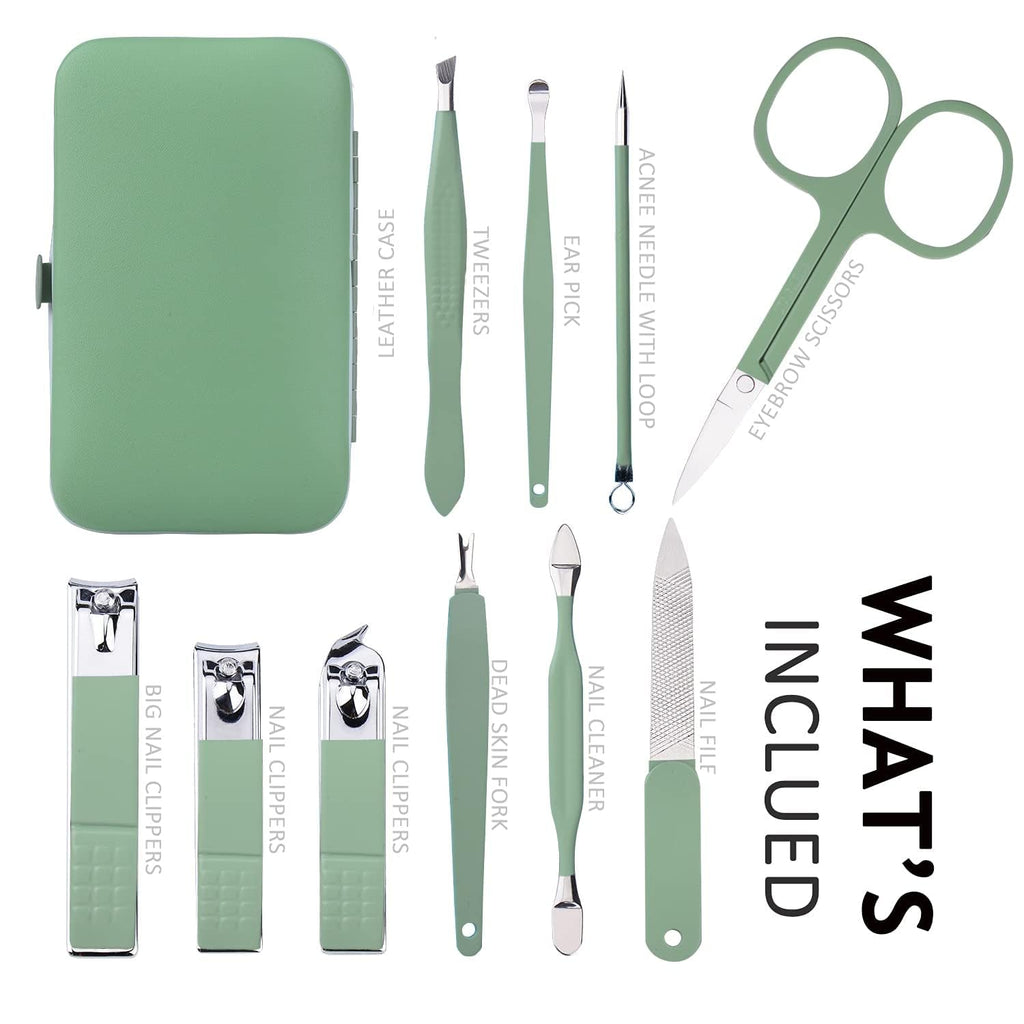 Manicure Set 10 in 1 Stainless Steel, Nail Clippers Scissors Pedicure Tools Kit - Portable Travel Grooming Kit for