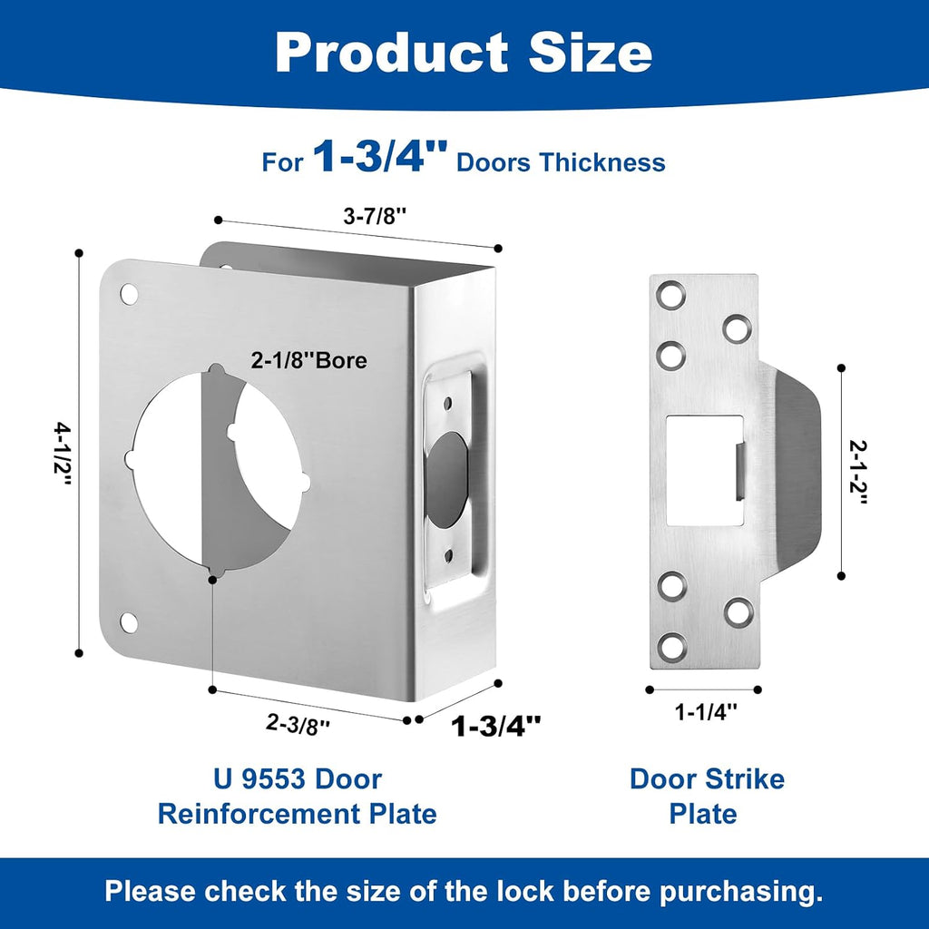 U 9553 Door Reinforcement Plate Kit for 1-3/4" Doors, 2-3/8" Backset | Stainless Steel ,Includes Door Strike Plate