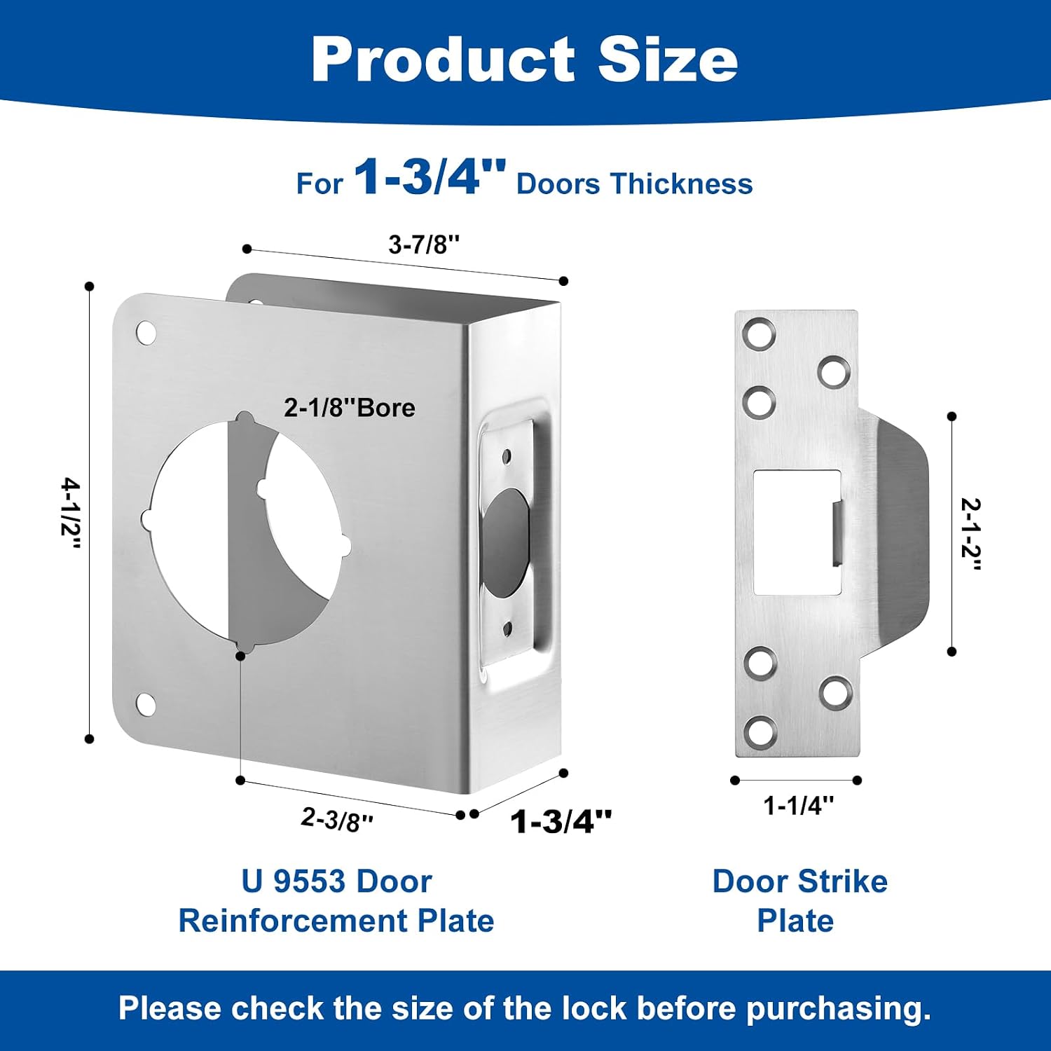 U 9553 Door Reinforcement Plate Kit for 1-3/4" Doors, 2-3/8" Backset | Stainless Steel ,Includes Door Strike Plate