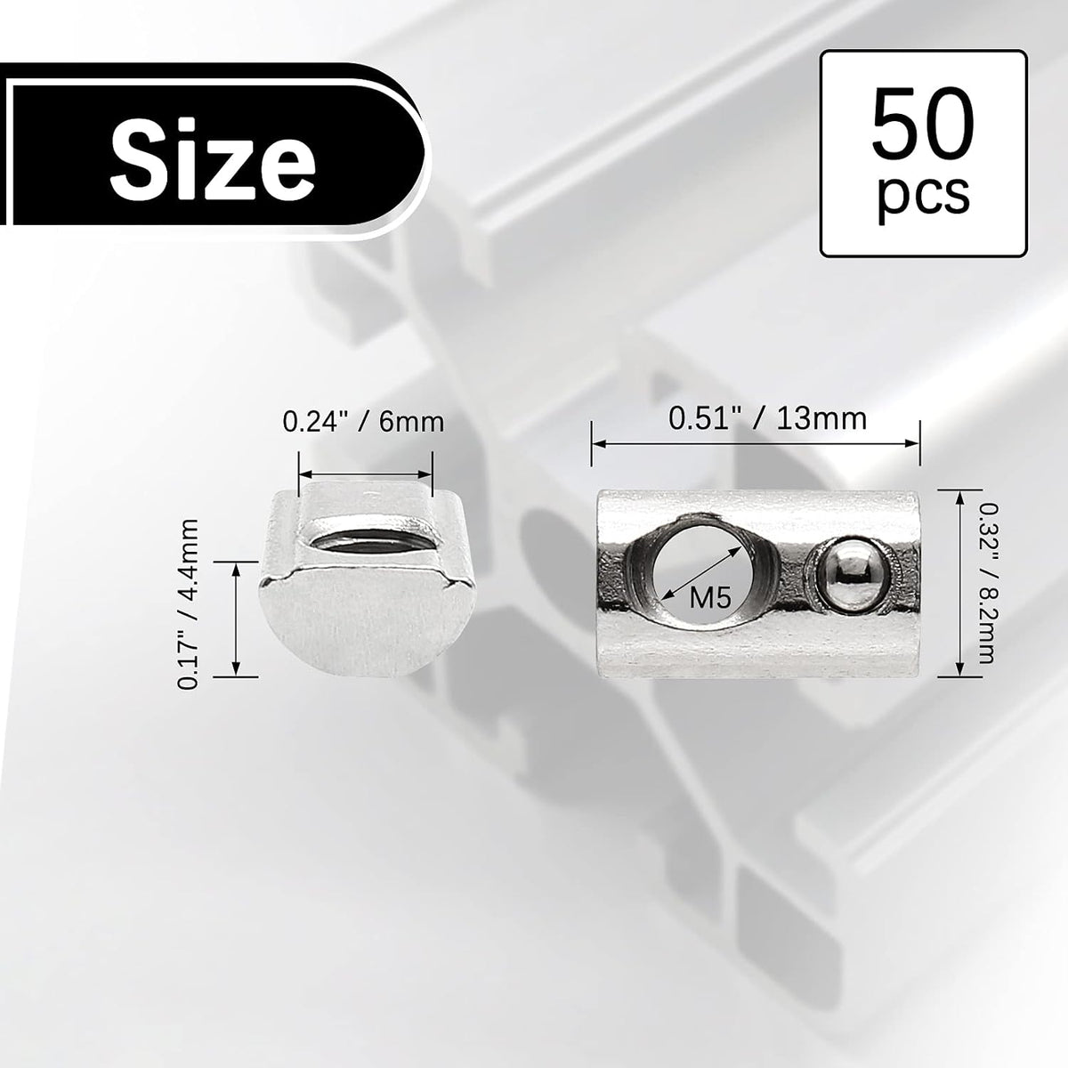 2020 Series M5 Half Round Roll in Spring T Nuts, 50 Pcs