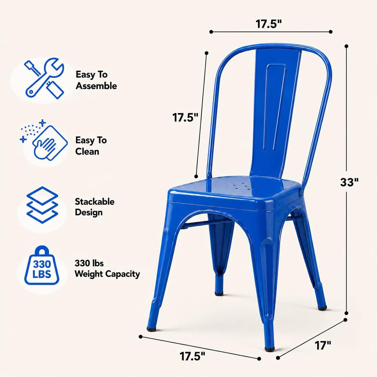 Modern Glossy Sapphire Blue Metal Dining Chairs, Set of 6