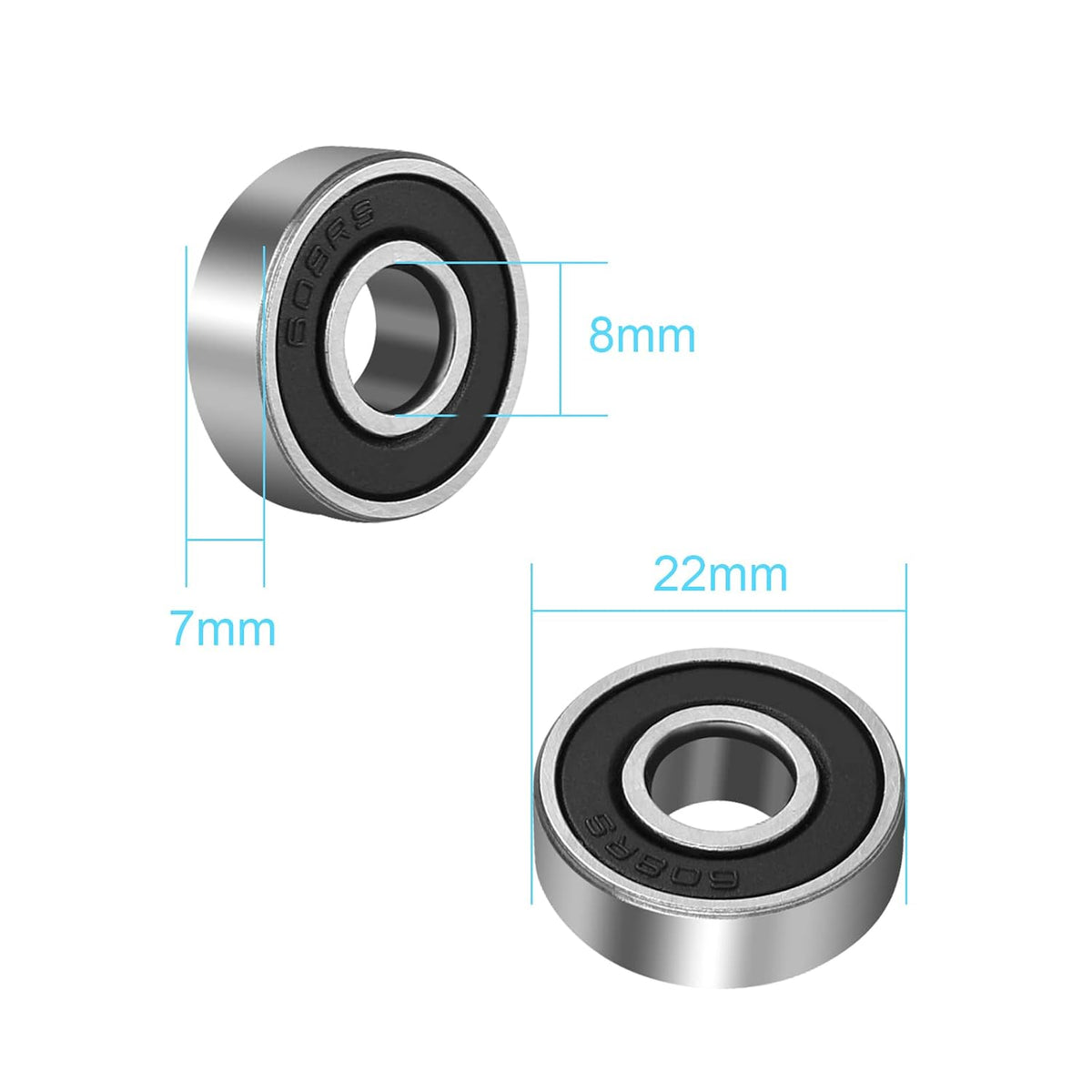 22pcs 608 2RS Ball Bearings - 608-RS Bearing Steel Double Rubber Sealed Miniature Deep Groove Ball Bearings (8mm x 22mm x 7mm)