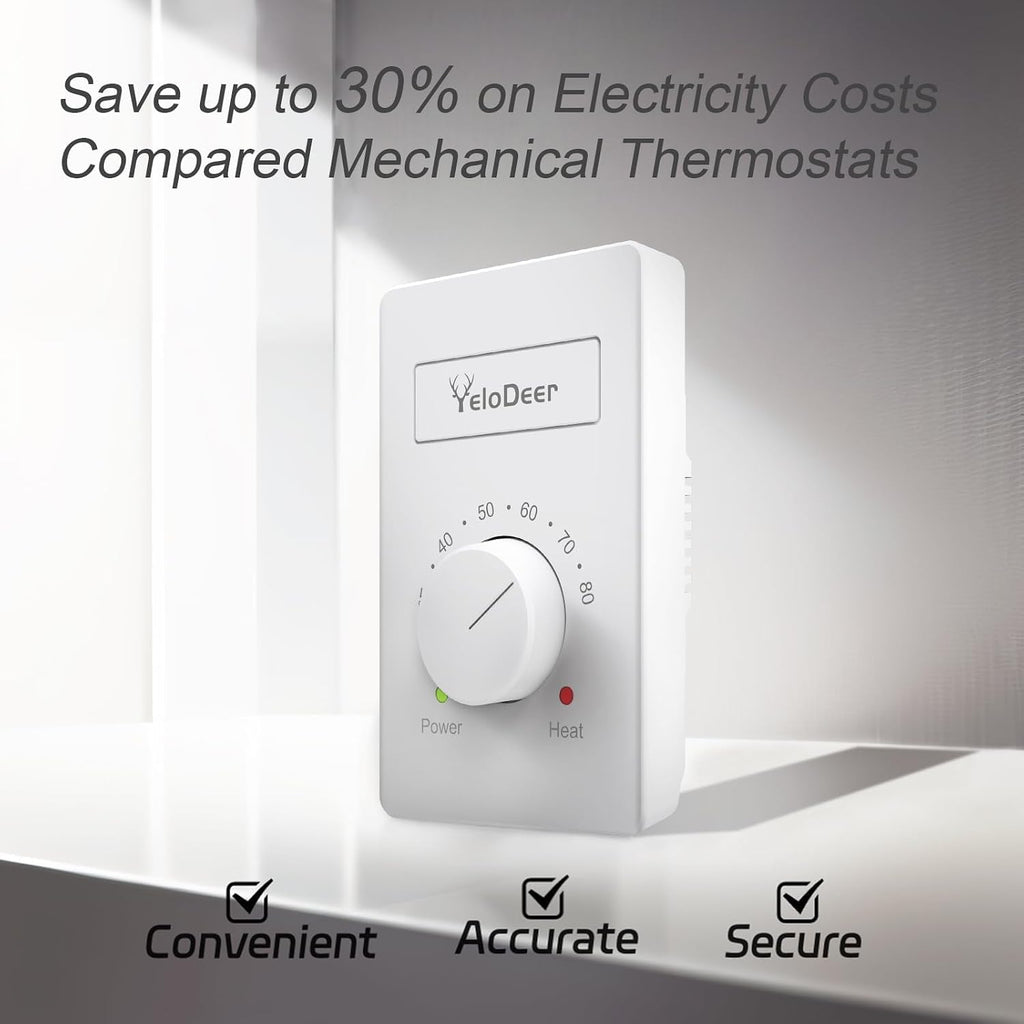 240V Only 4-Wire Manual Electric Baseboard Heater Thermostat | Line Voltage Controller, Single Pole Dial Wall Mount