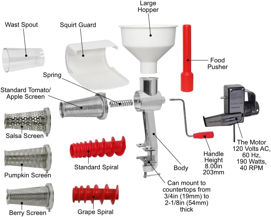 Johnny Apple Sauce Maker, Tomato Sauce Maker, Salsa, Pumpkin Puree, Remove Skins & Seeds From Produce, Model 250