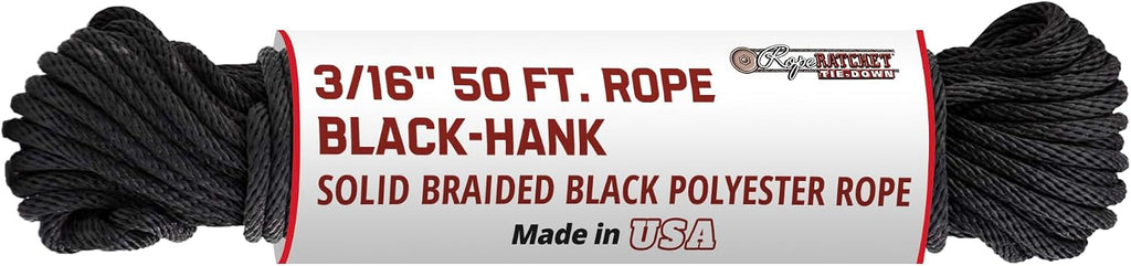 3/16 Tie Down Cord, Polyester Braided Utility Rope 50 ft Black