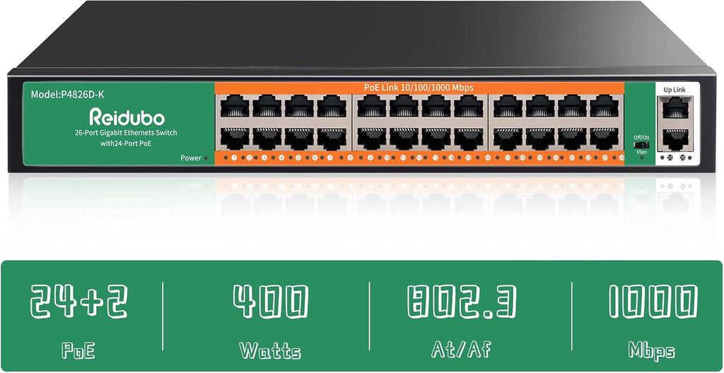 24 Ports Full Gigabit PoE Switch, 24 Port PoE+ Network Switch with 2 Uplink Gigabit Port, 400W, 802.3af/at Compliant