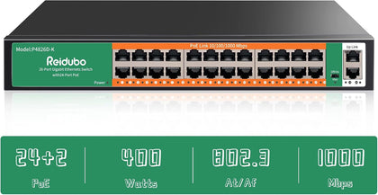 24 Ports Full Gigabit PoE Switch, 24 Port PoE+ Network Switch with 2 Uplink Gigabit Port, 400W, 802.3af/at Compliant