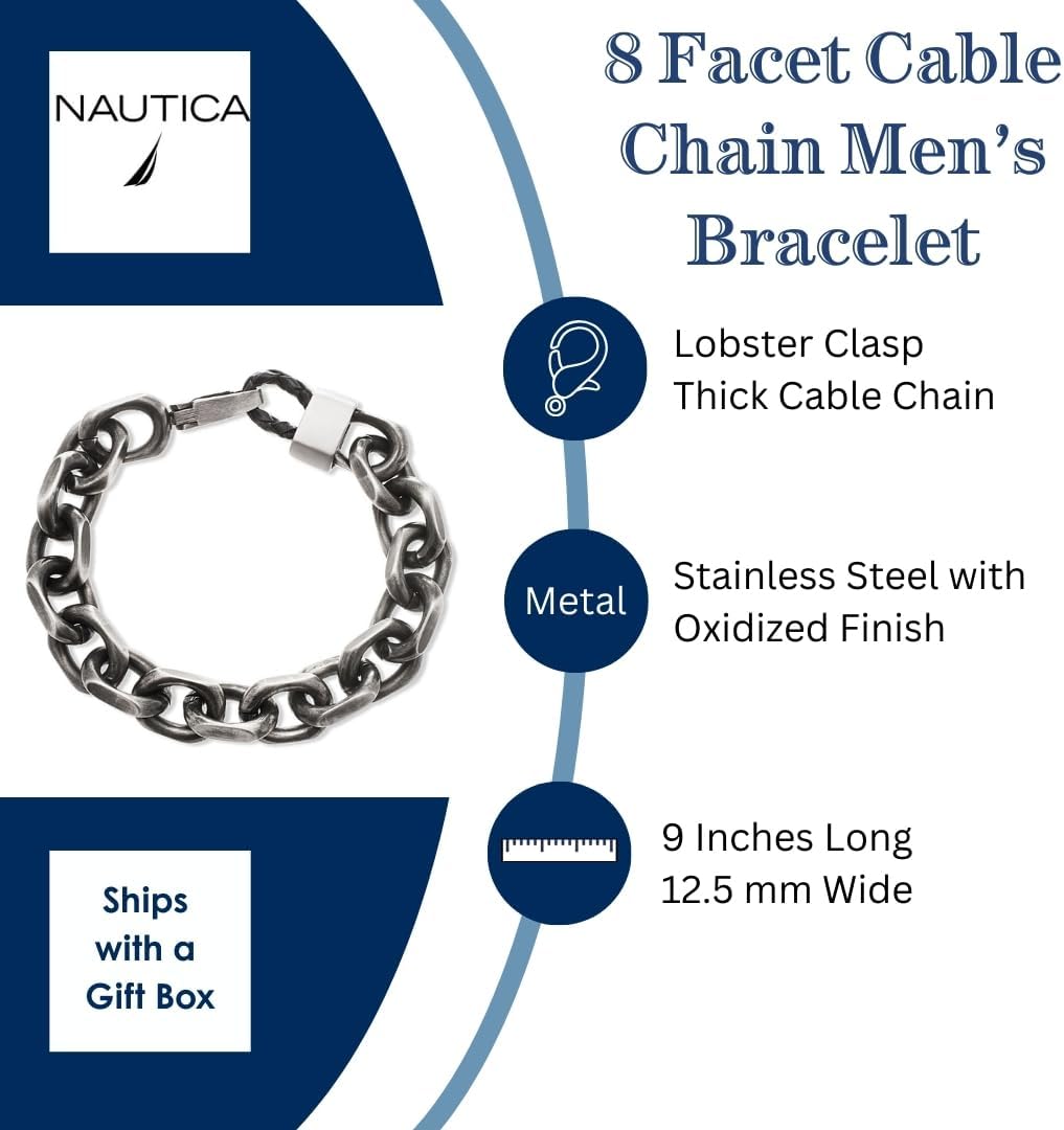 12.5 mm Cable Chain Bracelet for Men Oxidized Stainless Steel 9 Inches