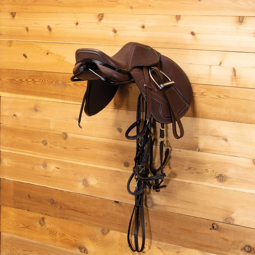 Saddle Rack with Tack Hooks | Color Black | Space-Saving Design | Fits English and Western Saddles | Durable and