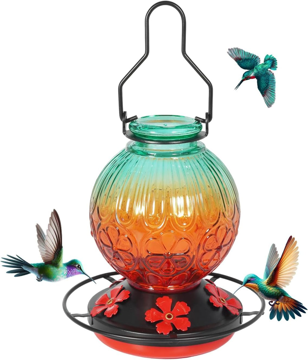 Glass Hummingbird Feeders for Outdoors Hanging, 23Oz Humming Bird Nectar Feeders with Perch, 5 Flower Feeding Ports