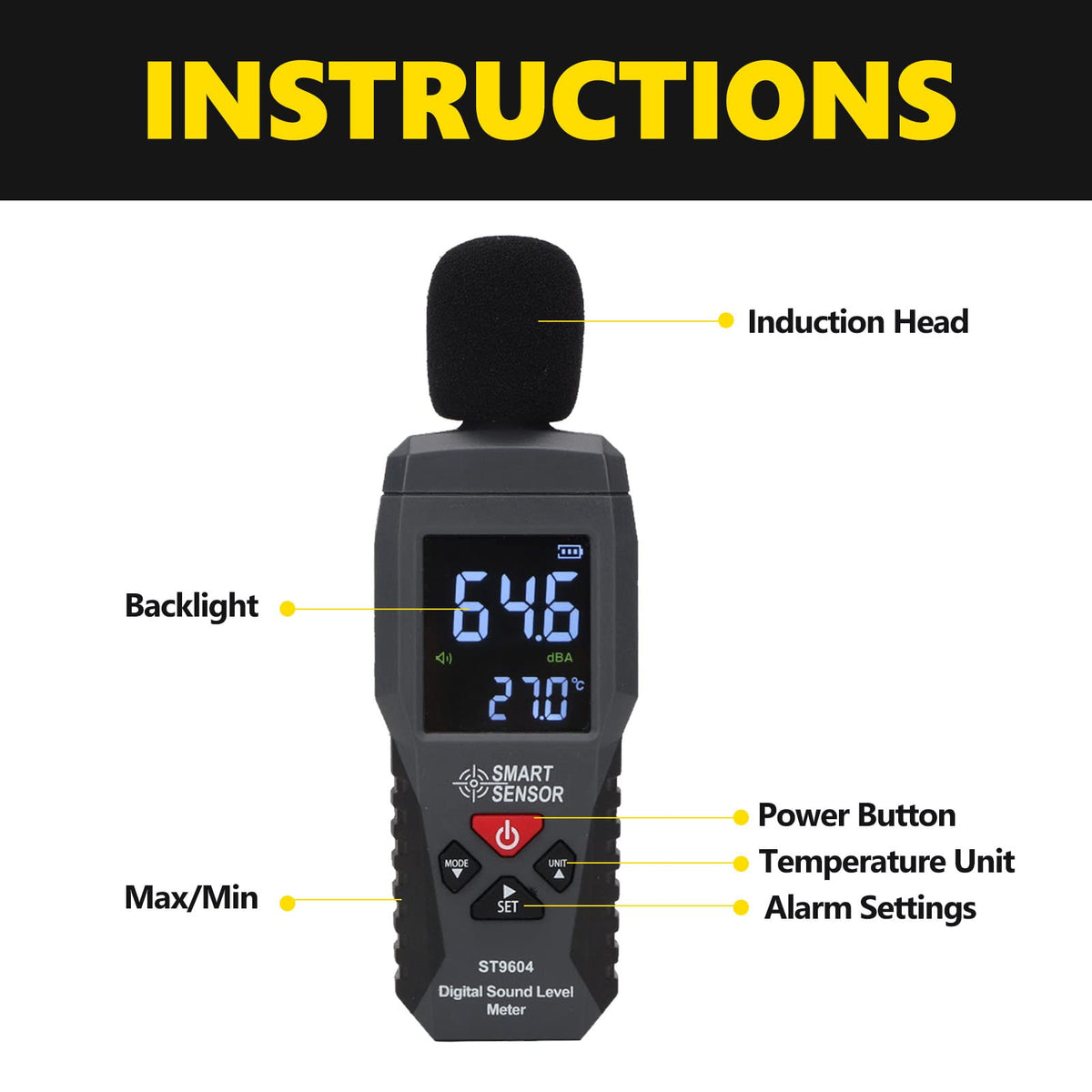 Sound Level Meter 30-130dBA Range Min Hold 4-Digit