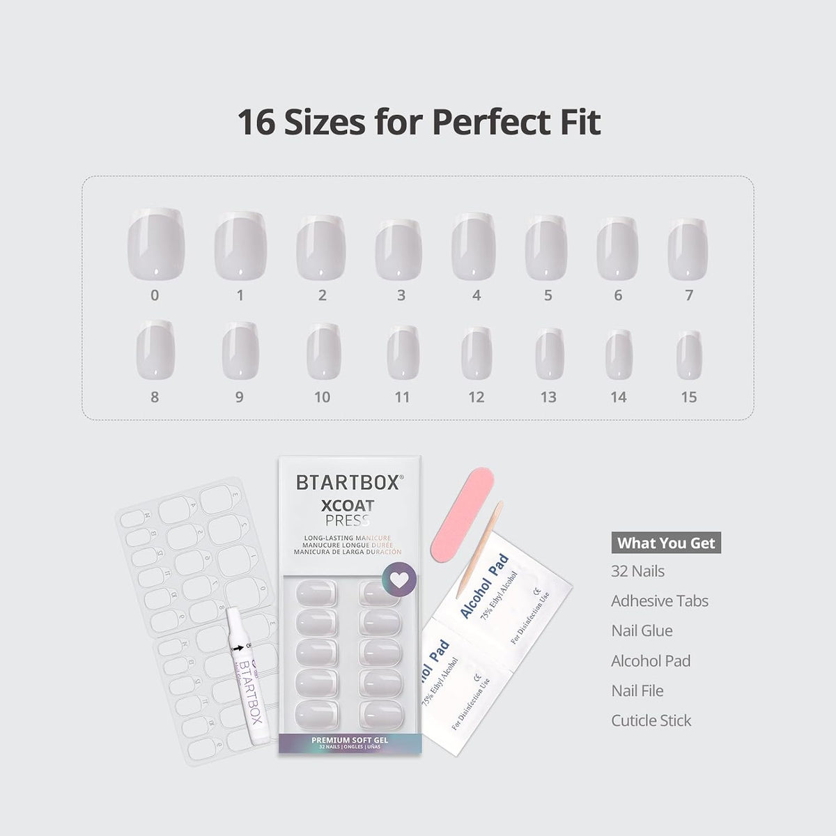 Press On Nails, French Tip Short Square Nails, 30Pcs Full Kit