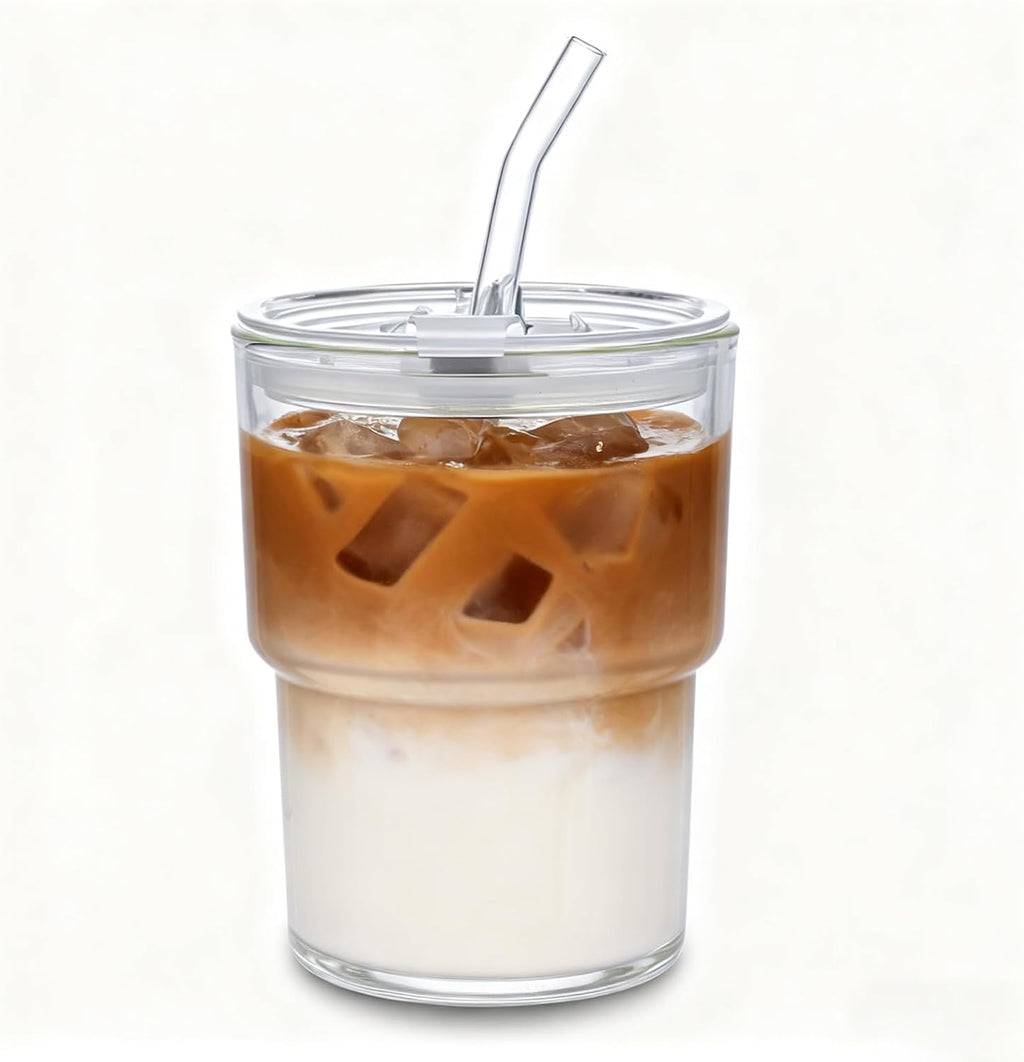 13oz Glass Tumbler with Straw and Lid Sealed, Carry On Reusable Iced Coffee Cups,Thick Wall Glass Coffee Drinking