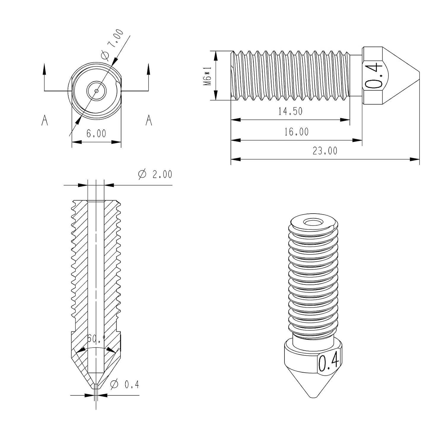 M6 High Temperature High Flow Hardened Steel Nozzle 0.4mm Compatible with 1.75mm 3D Printer Volcano Hotend Heat Block