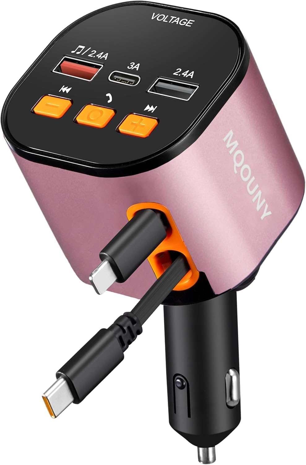 Retractable Car Charger,5 in 1 Fast Car Phone Charger 90W,Bluetooth 5.3 FM Transmitter Adapter,Handsfree Call,2