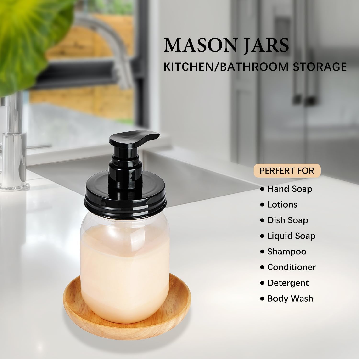 Plastic Mason Jar Soap Dispenser with Pump Lid 16OZ, 2 Pack | Refillable BPA-Free Hand Soap Dispenser Set with Cute