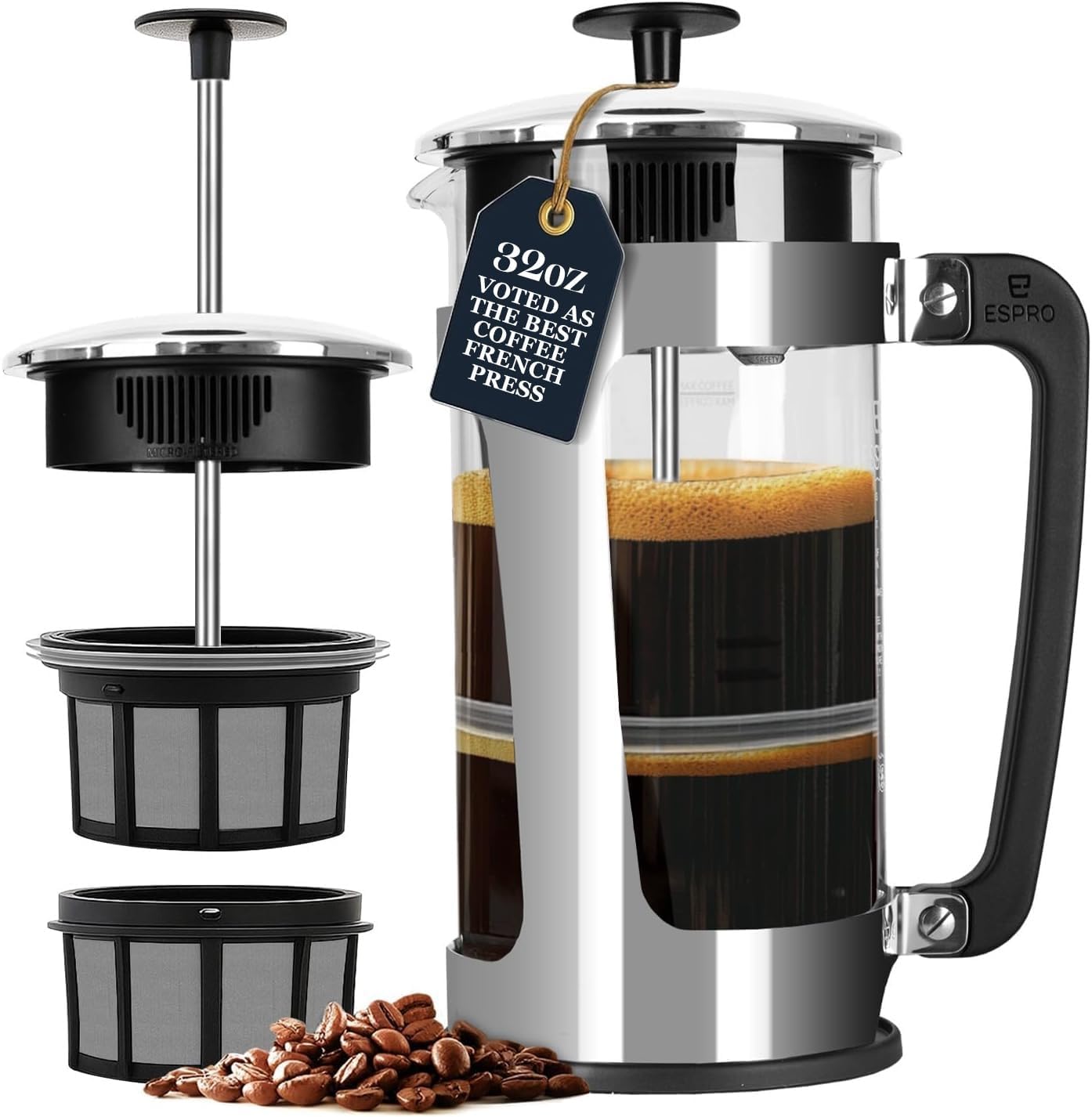 P5 French Press Coffee Maker, 32oz, Polished, Stainless Steel Press | Double Filter Coffee Press, Thicker