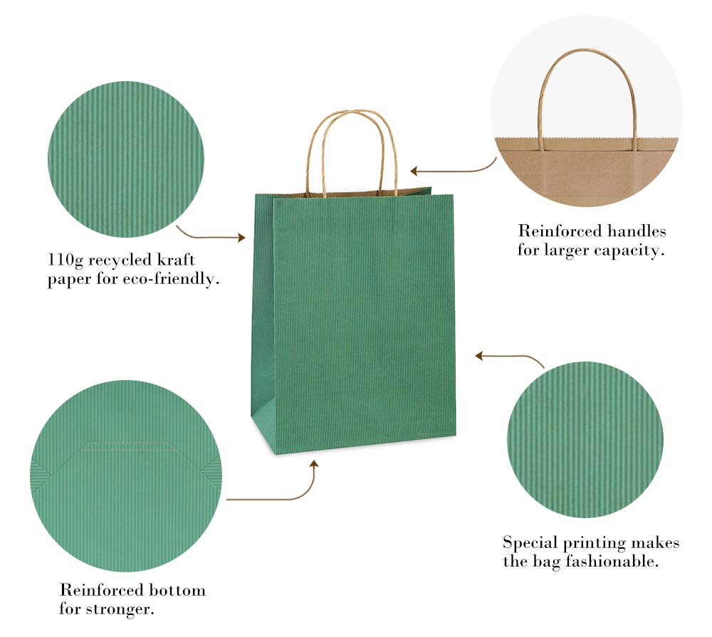Medium Gift Bags with Handles 8x4.25x10.5 Inch Sage Green 25 Pack