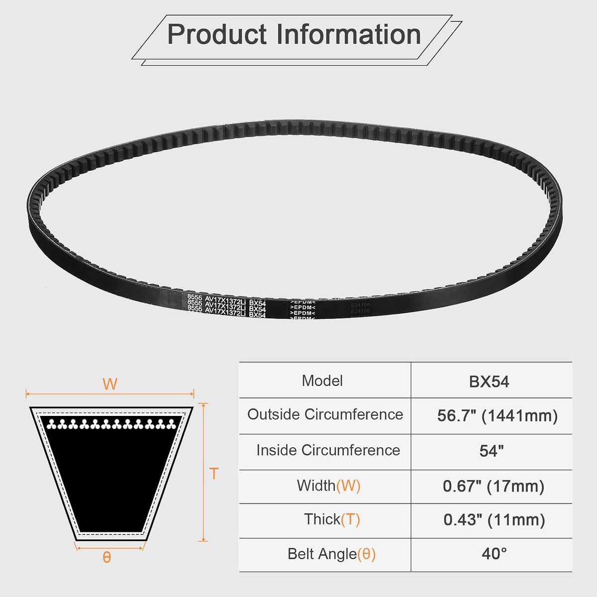 uxcell BX54 EPDM V-Belt, Raw Edge Cogged Industrial Rubber V Belt 0.67" Width x 54" Inside Circumference