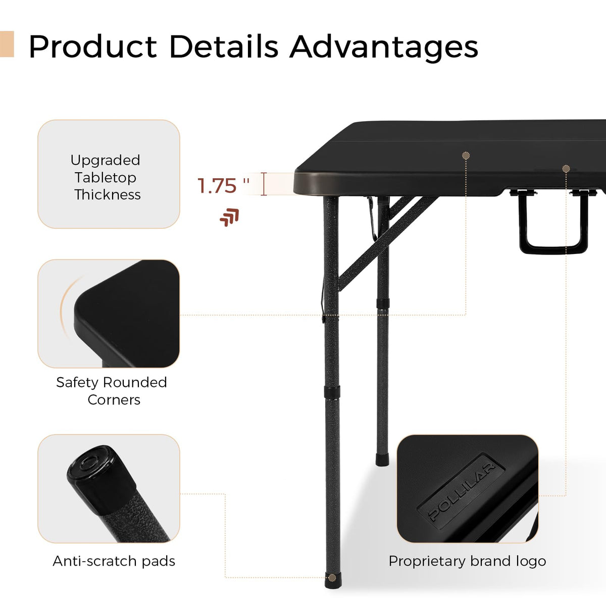 34" Folding Card Table Square Portable with Detachable Legs Black