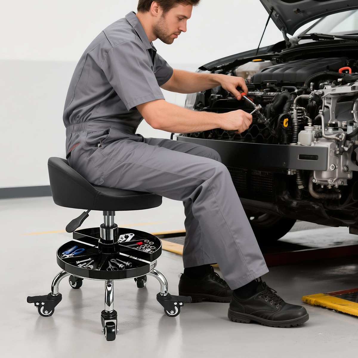 Garage Mechanic Stool with Storage Tray,Low Height Rolling Shop Stools, Rolling Mechanics Seat Chair Height