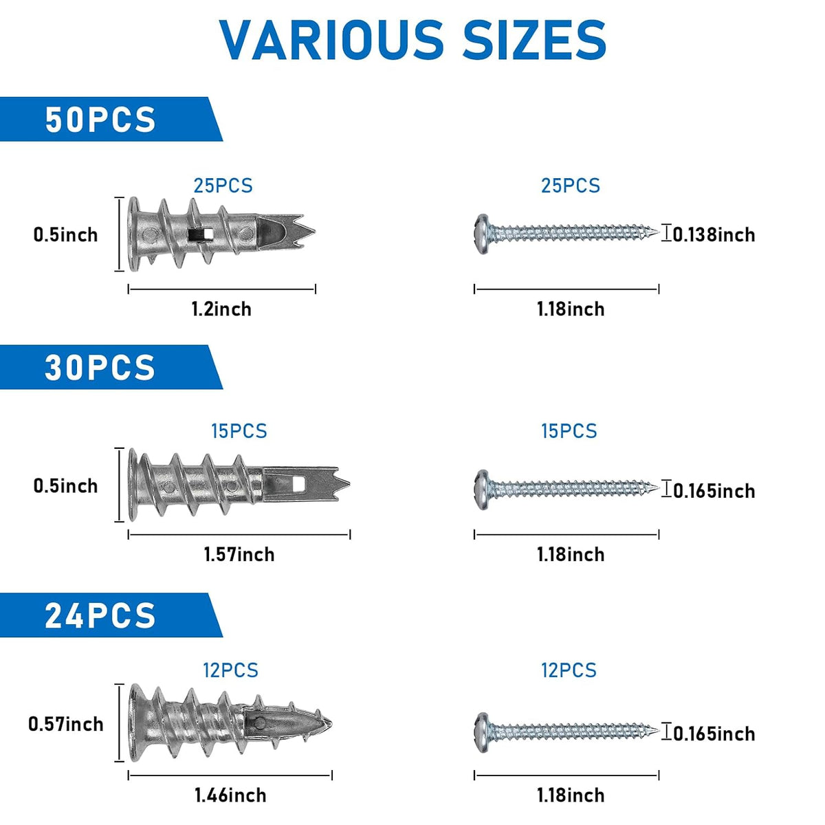 Zinc Self-Drilling Drywall Anchors with Screws Kit, 104 Pack 3 Size, 52 Heavy Duty Metal Wall Anchors and 52 Screws