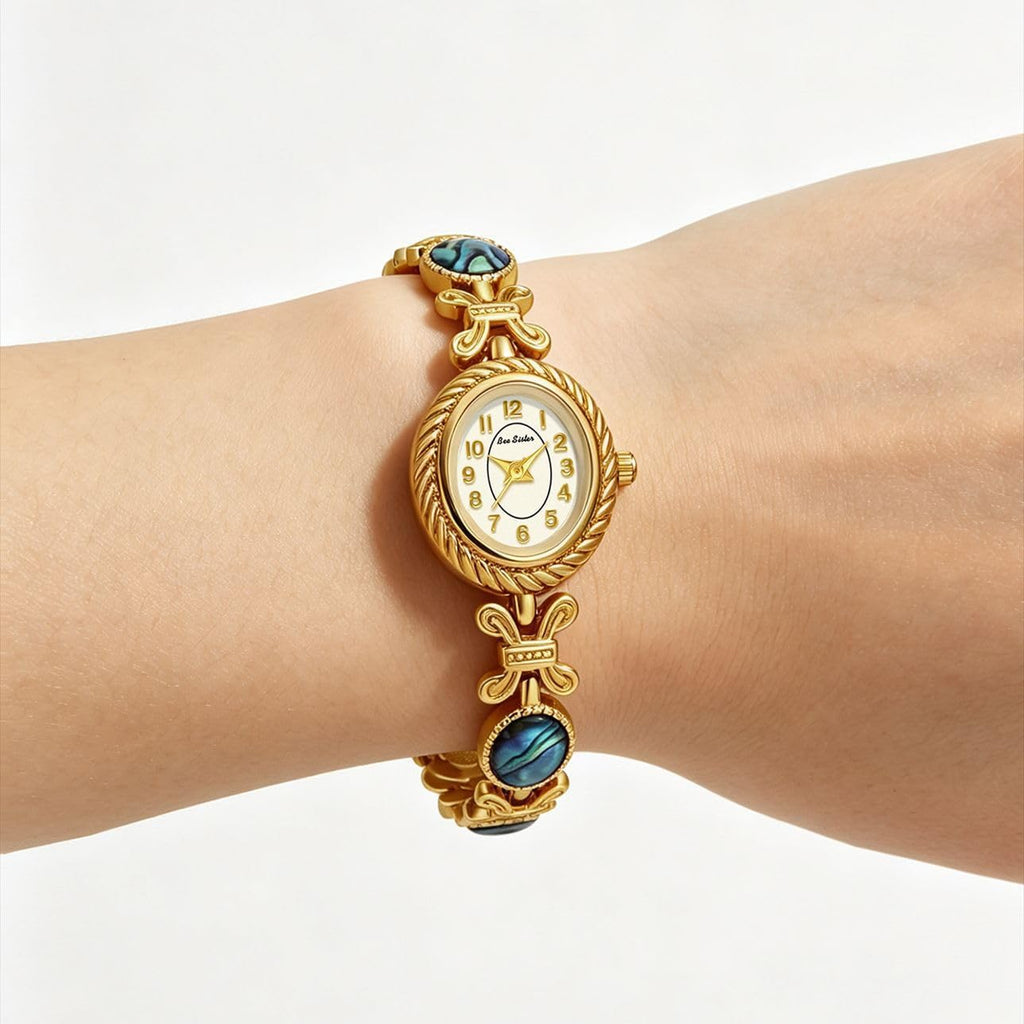 Women’s Bracelet Watch Gold Tone Small Oval Bangle Quartz Watches | Jewelry Band, Abalone Shell Accent Slim Dress