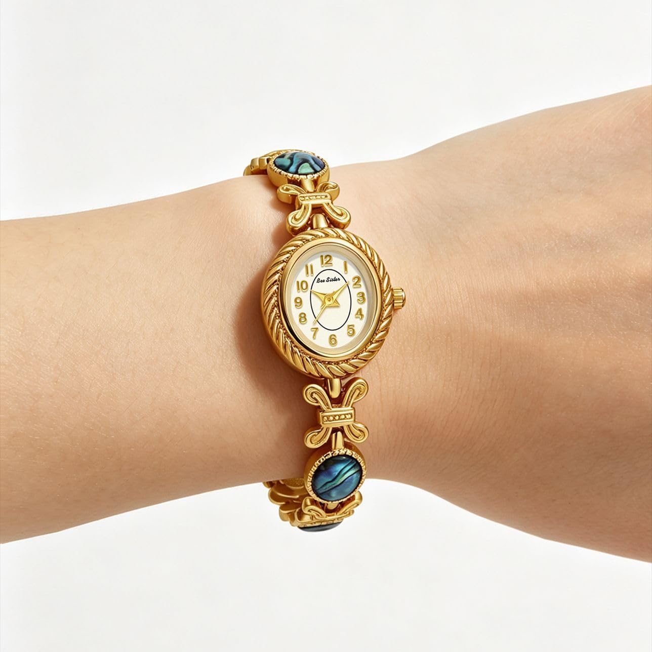 Women’s Bracelet Watch Gold Tone Small Oval Bangle Quartz Watches | Jewelry Band, Abalone Shell Accent Slim Dress