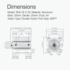 SDA25x25 Thin Air Cylinder 25mm Bore 25mm Stroke Double Acting
