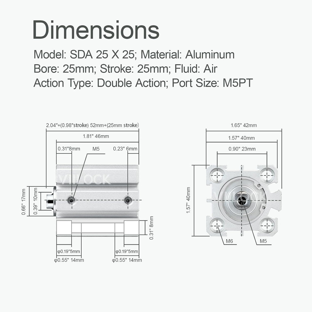 SDA25x25 Thin Air Cylinder 25mm Bore 25mm Stroke Double Acting