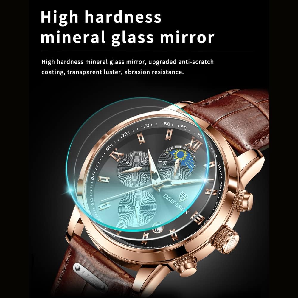 Men Casual Waterproof Roman Numerals Leather Band Analog Quartz Wristwatches with Chronograph Calender Business Watch